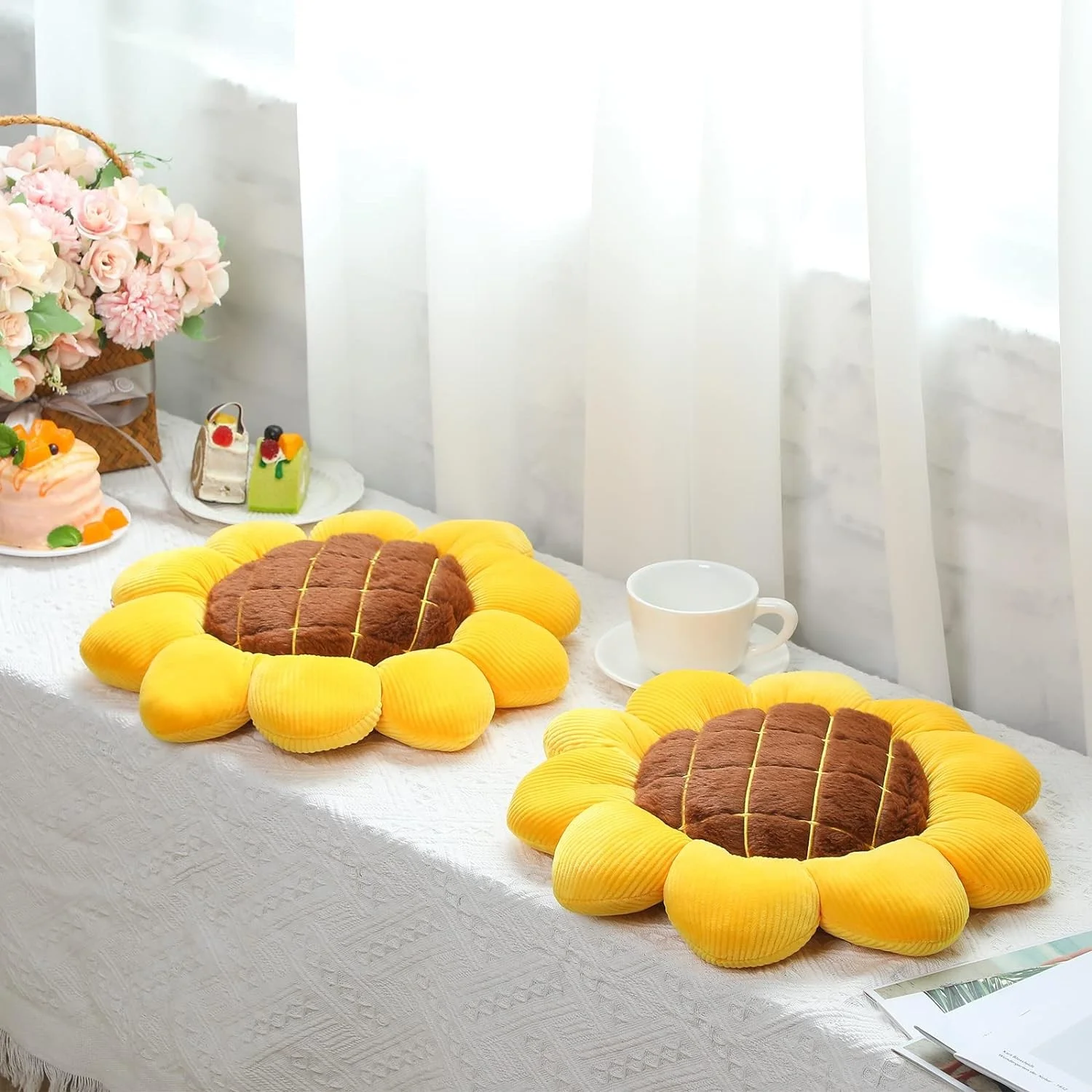 Sonnenblumen-Wurfkissen, blumenförmige Kissen, Bodenkissen, Sitzkissen, Sitzkissen, niedliche Raumdekoration und Plüschkissen für das Bett – Detail 7