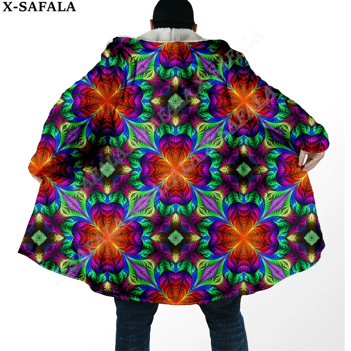 

Hippie Psychedelic Colorful Trippy 3D Print Dream Cloak Thick Warm Hooded Men Overcoat Coat Windproof Fleece Cape Robe Blanket-3