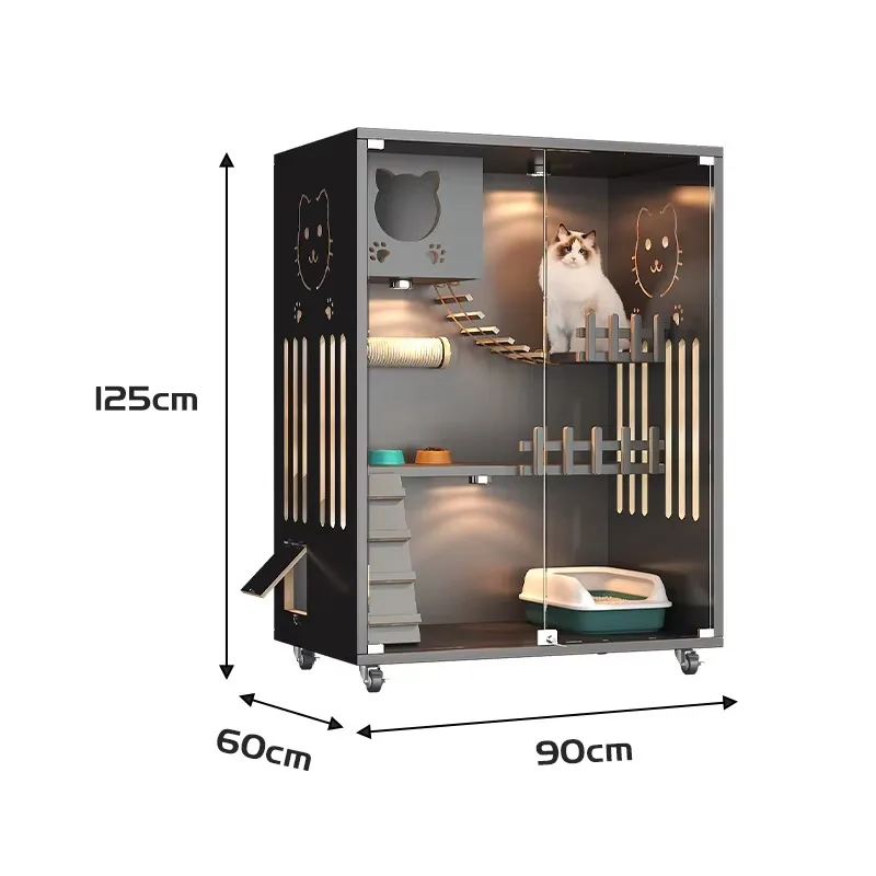 Large Spacious Indoor Wooden Cat Villa Produced with 4 Wheels Stylish Animal Pattern Durable  Pet House