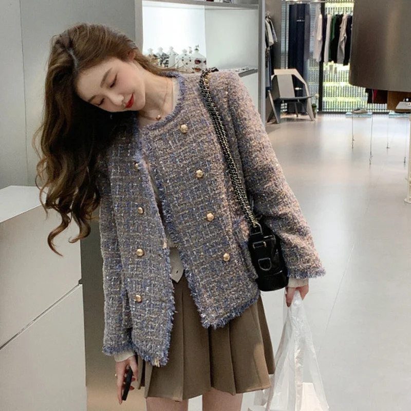 

WAKUTA Diamonds Button Breasted V Neck Tweed Tassel Edge Coats Japanese Winter Jacket Women Long Sleeve Top Jaqueta Feminina