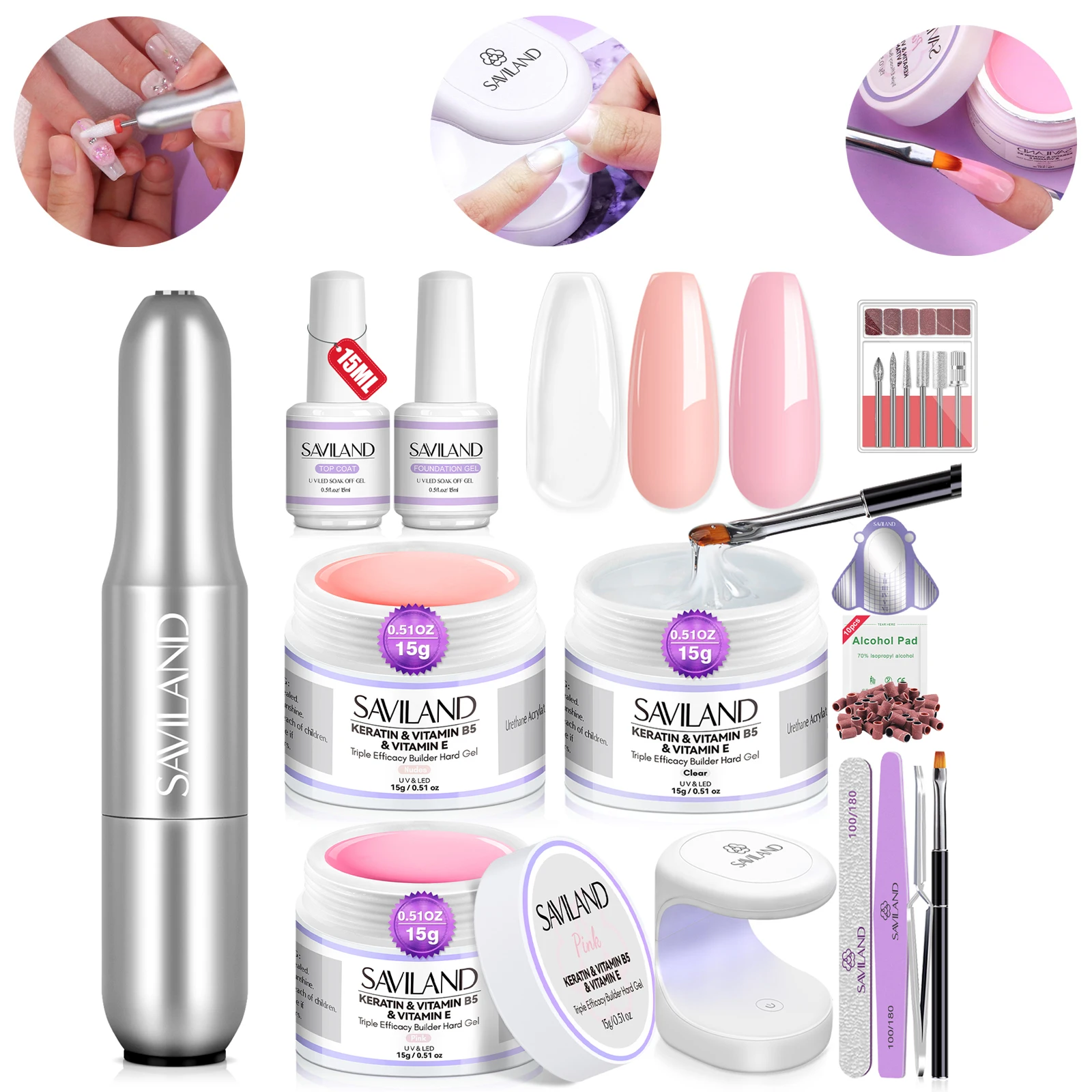 

SAVILAND Hard Builder Nail Gel Set with Drill Clear Pink Nudes VE VB5 Keratin Brush Lamp for Shaping Extension DIY Home Salon