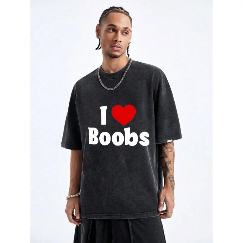

Мужская стираная футболка черного цвета I Love Boobs с принтом и текстом, высокое качество, 100% хлопок, 230 г