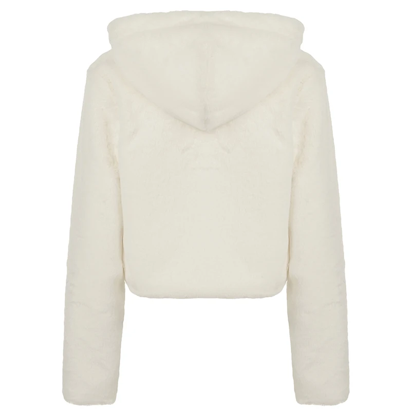 HEYounGIRL Giacca corta in pelliccia sintetica moda invernale Cappotto con cerniera con cappuccio Pom-Pom bianco Donna Abiti streetwear Capispalla casual caldo