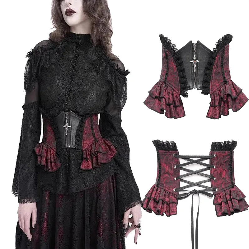 Halloween Medieval Goth Dark Bodycon Slim Lolita Waistband Cosplay Gothic Retro Cross Lace Ruched Strap Waist Cover Accessory