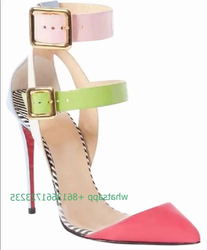 

Mixed Color Ankle Strap Sandals PVC Pointed Stiletto Heel Hollow High Heels Fashion Ankle Buckle Shallow Women Summer Sandals