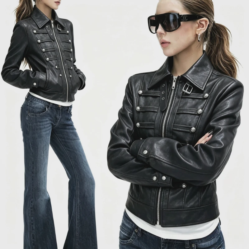 American Vintage Subculture Punk Jacket Long Sleeve Black Coat Slim Gothic Streetwear Casual Outerwear Daily Outfits 2026