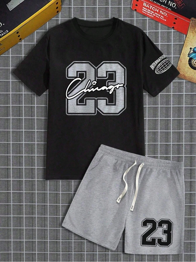 Fashion Trend Men's Round Neck T-shirt Set Digital 23 Printed Pattern Round Neck T-shirt And Shorts Men's Casual Two-piece Set