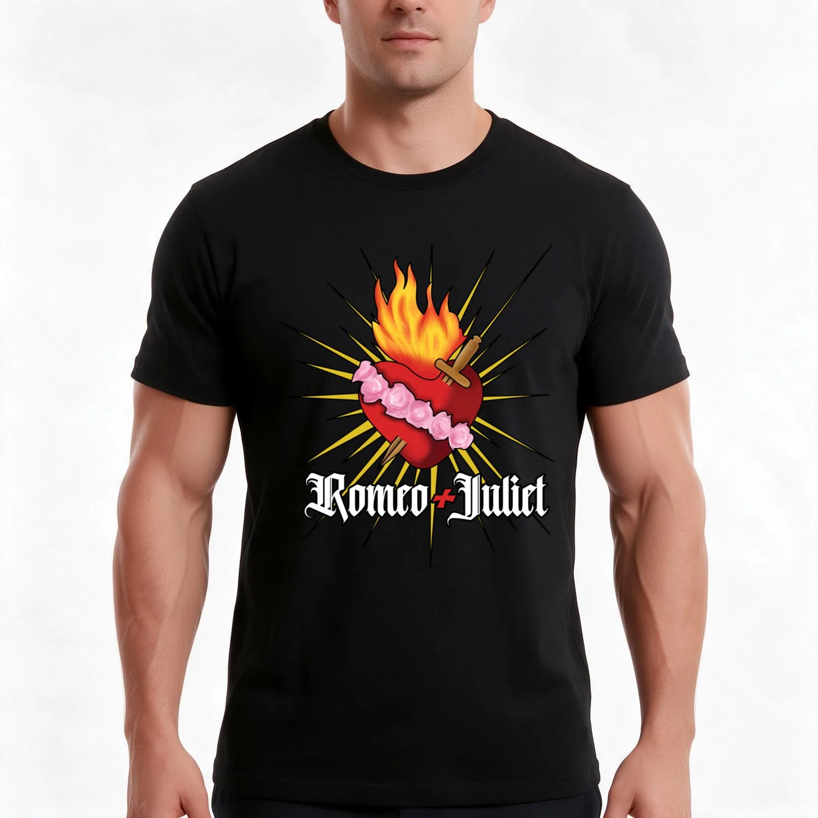 Romeo + Juliet Heart T-Shirt, Summer Casual Cotton Tee, Oversized Streetwear Tops, Vintage Graphic Print, Loose Fit Short Sleeve