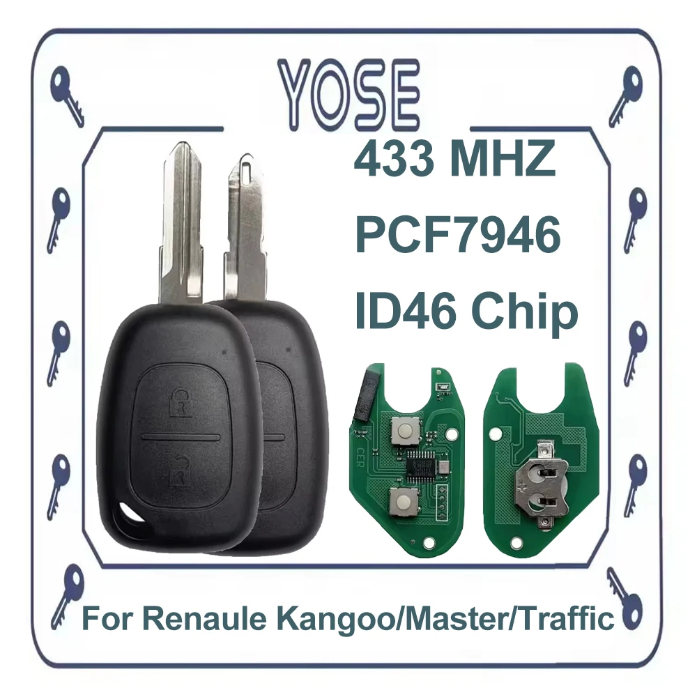 YOSE 433 MHz ID46 Chip PCF7946 NE73 VAC102 Blade 2 Buttons Remote Car Key Fob For Renault Traffic Master Movano Kangoo Vivaro