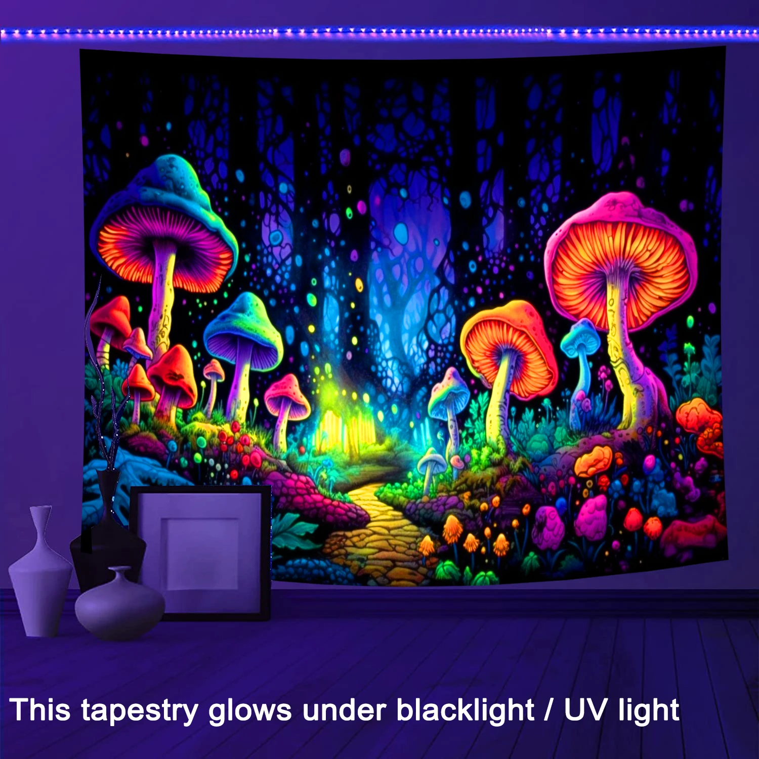 Neon Art Mushroom Forest Planet Blacklight Tapestry,Wall Hanging Glow Under Ultraviolet Light For Dorm,Living Room Party Décor