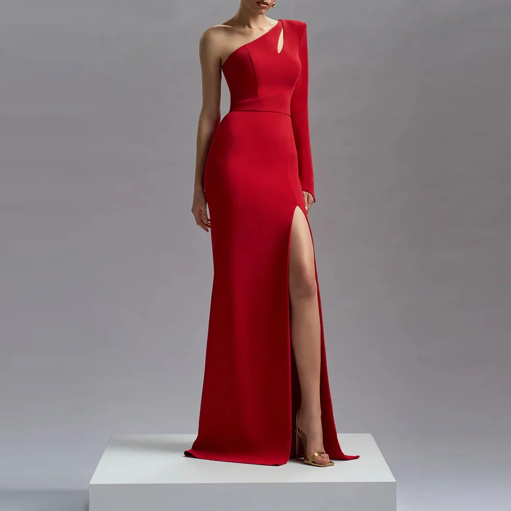 

Customized Elegant Red Evening Dresses One Shoulder Slim Sexy Split A-Line Prom Dresses Floor Length High-end Evening Party Gown