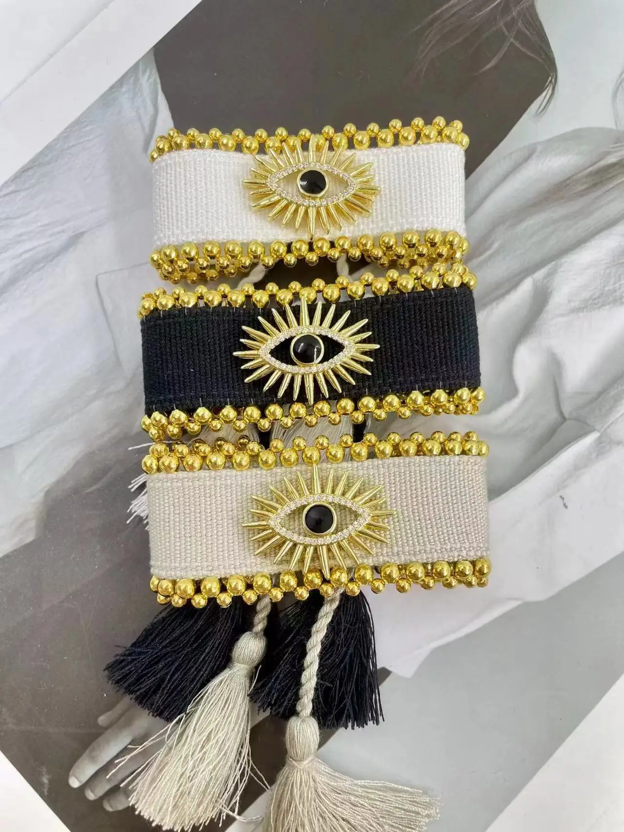 Fashion Rhinestone Black White Evil Eye Weaving Cloth Bracelets for Women Men Bohomian High Quality Devil Eye Bracelet Jewelry