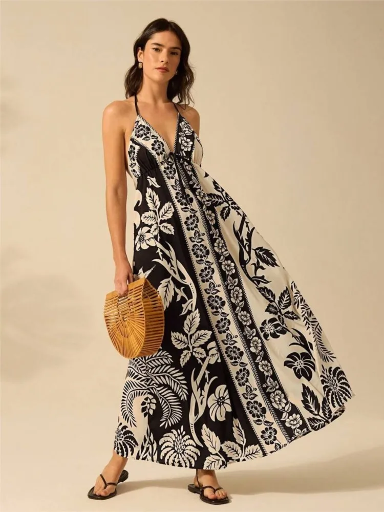 

Fashionable Bohemian Print Women Dress Casual Sleeveless Halter Neck Sexy Backless Long Skirt 2026 Summer New Beach Party Dress