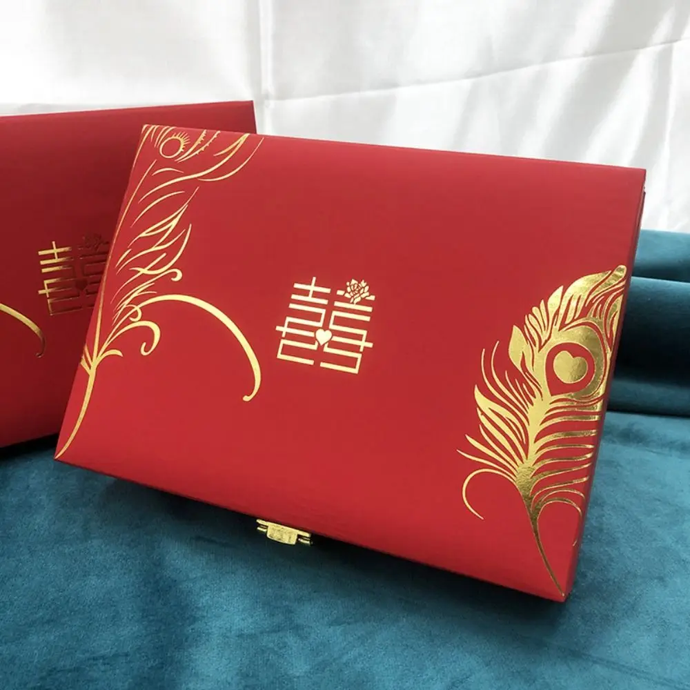 

Dragon and Phoenix Golden Jewelry Set Storage Box Velvet Red Wedding Jewelry Display Box with Clasp Closure Vintage