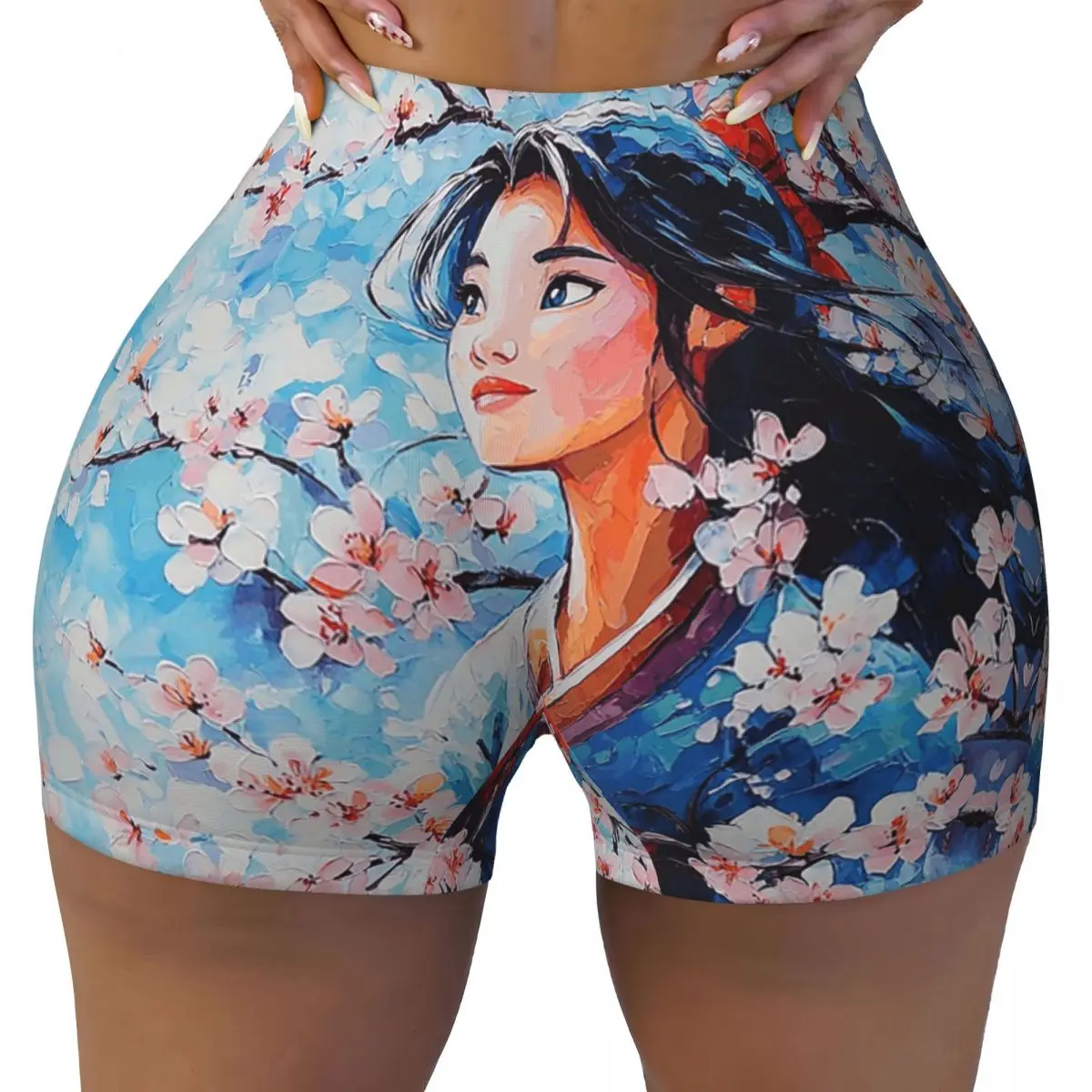 Pantalones cortos de entrenamiento personalizados Mulan Cherry Blossom, pantalones cortos de yoga para correr en el gimnasio para mujer