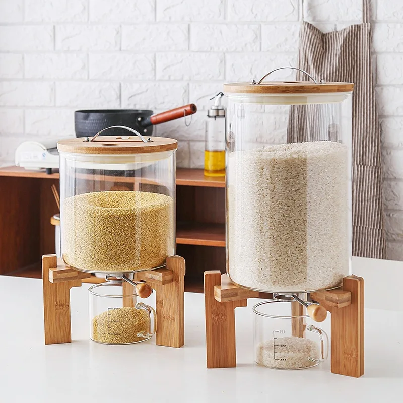 Large High Borosilicate Handmade Kitchen Rice Glass Storage Container Jar Rice Dispenser with Glass Cup