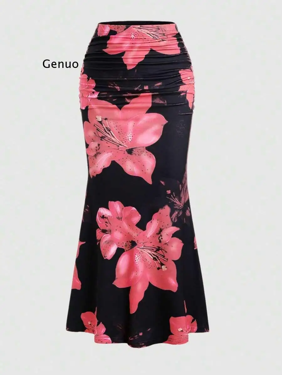 Women's Sexy Stylish Floral & Leopard Print Fishtail Skirt Slim Fit Bodycon Midi Skirt