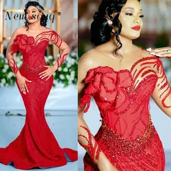 African Aso Ebi Red Mermaid Sheer Neck Long Sleeves Evening Dresses Customized Sparkle Beaded Sequins Wedding Prom Party Gowns