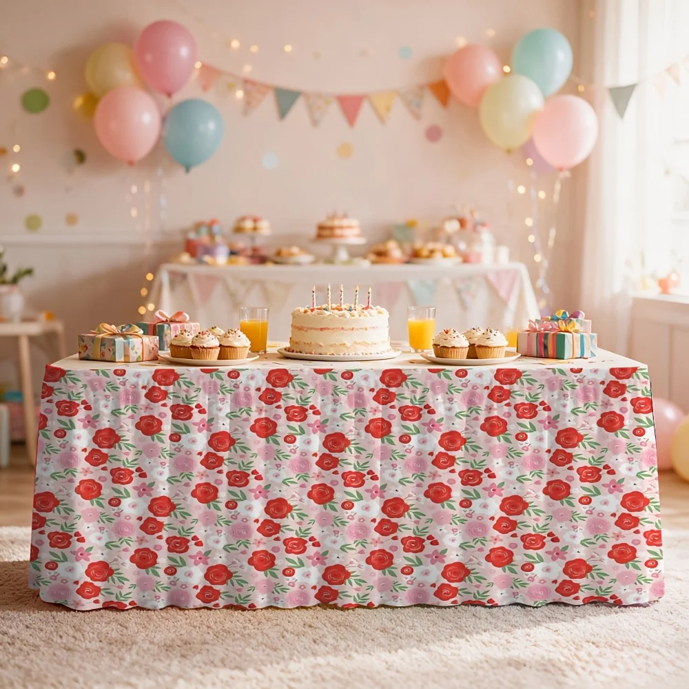 1-Pack romantic red floral print tablecloth table dresses, perfect for party events, kitchen and restaurant décor