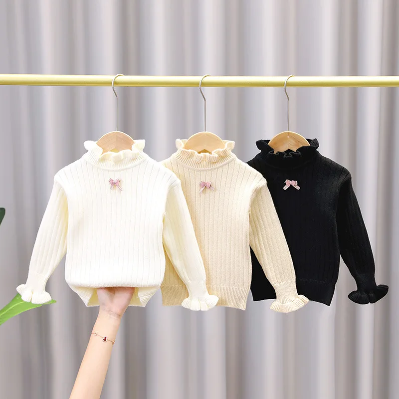 

Ruffles Round Neck Baby Sweaters Autumn Winter Kids Girls Long Sleeve Pure Color Knit Sweater Baby Girl Bow-tie Pullover IY07172