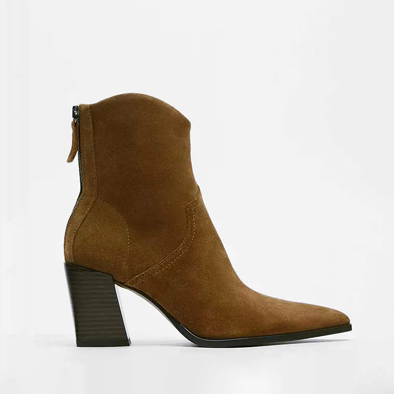 TRAF Women Brown Bare Surface Cowboy Boots New Retro Point Head Square Heel Ankle Boot Back Zipper High Heels Shoes For Woman 