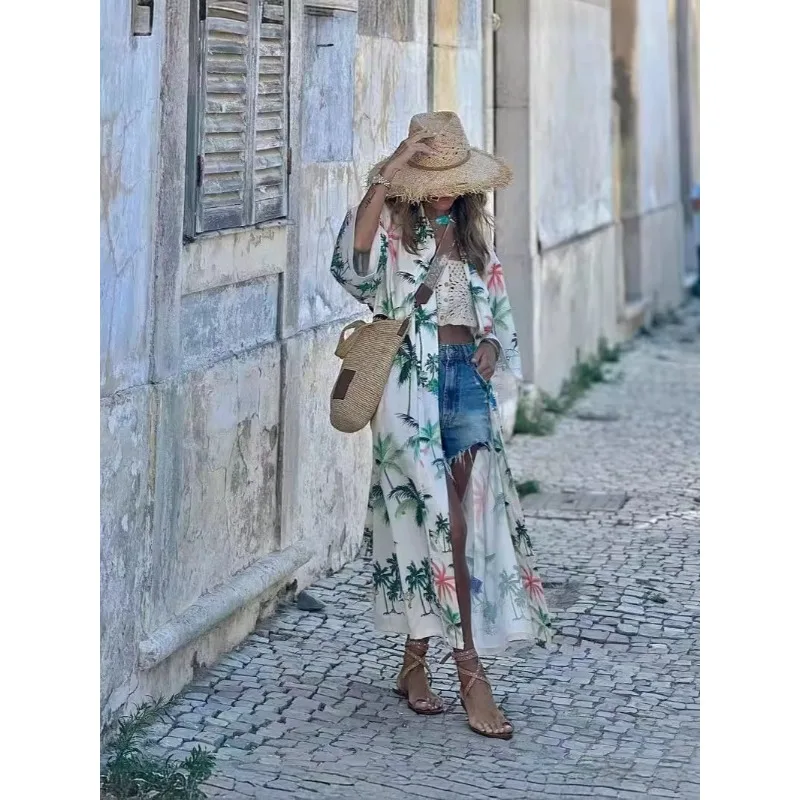 Women's 2025 Summer Sun Cover Up Printed Kimono Cardigan Three-Quarter Sleeve UV Protection Beach Tunic Resort Vacation Swimwear