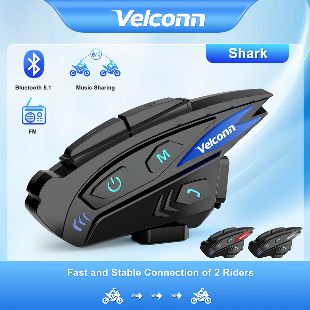 Velconn Shark Music Sharing Motorcycle Helmet Bluetooth Intercom 1000M Full Duplex Interphone for 2 Riders FM Radio IP65 DSP