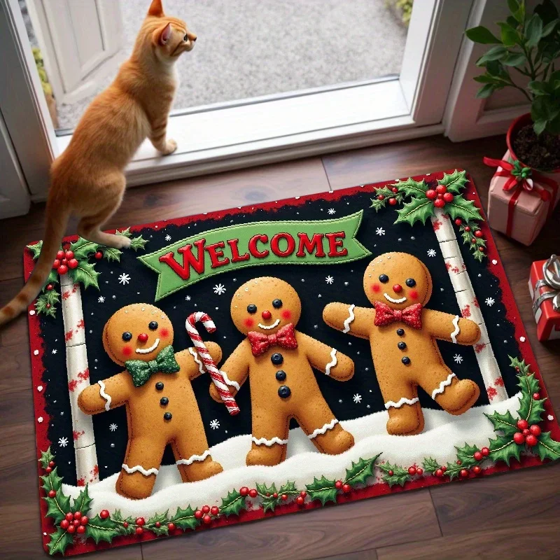 Adorable Gingerbread Man Area Rug Holly Berry Winter Snow Floor Mat Sweet Cartoon Cookie Welcome Rug Room Entry Doormat