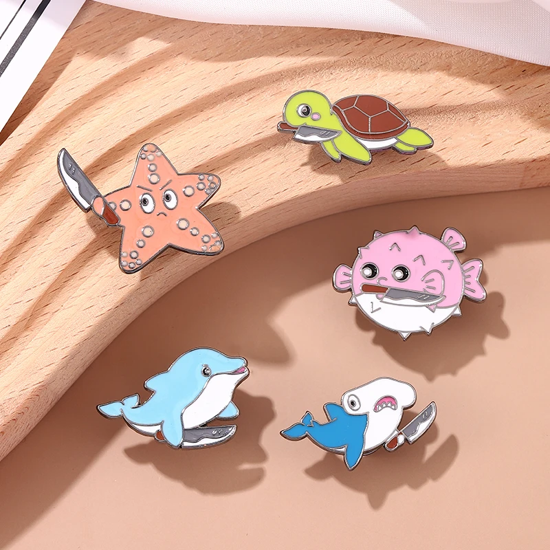 Underwater Animal Enamel Pin Whale Turtle Starfish Knife Brooch Badge Metal Accessories Lapel Pin Backpack Hat Jewelry Gift