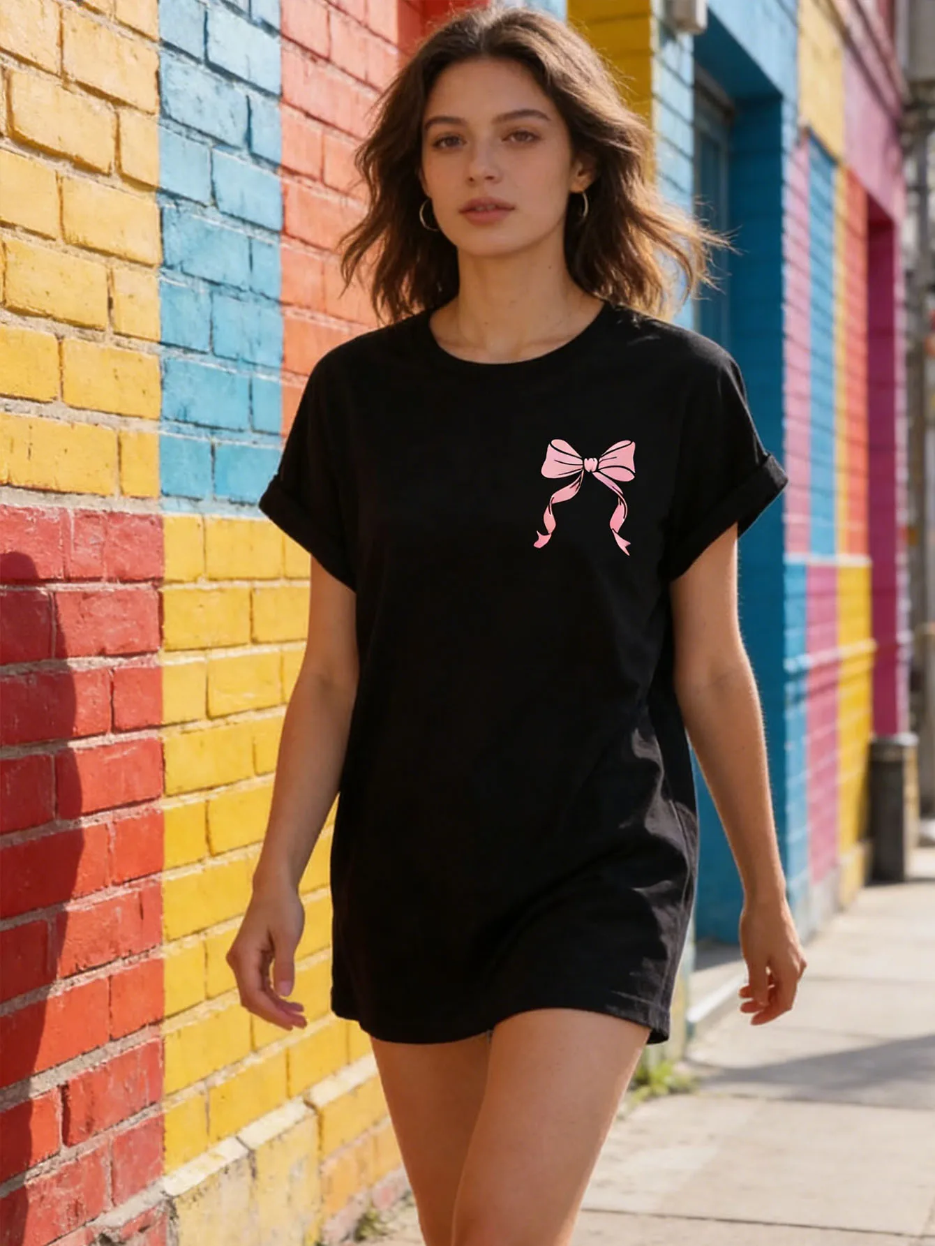 

Женская свободная футболка большого размера с короткими рукавами — топ с бантом и принтом, дышащая повседневная летняя рубашка, подходит для повседневной носки,