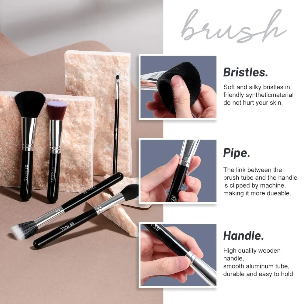 فرش مكياج BS-MALL Premium Synthetic Foundation Powder Concealers ظلال العيون مجموعة فرش مكياج مكونة من 18 قطعة، لون أسود مع حافظة