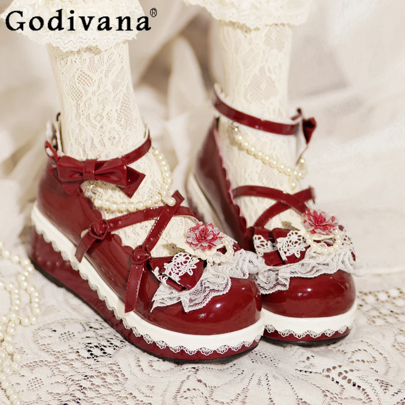 

Original Sweet Lolita Thick-Soled Shoes Spring and Autumn Girls' Cute Bow Lace Pearl Elegant Princess Tea Party Mid Heel Pumps