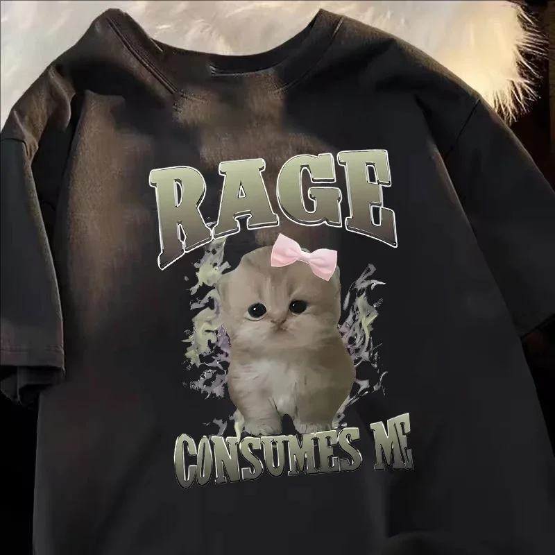 

Rage Consumes Me Funny Cat Meme Футболка с принтом Женская мода Kawaii Повседневные свободные футболки с круглым вырезом Футболка с короткими рукавами унисекс