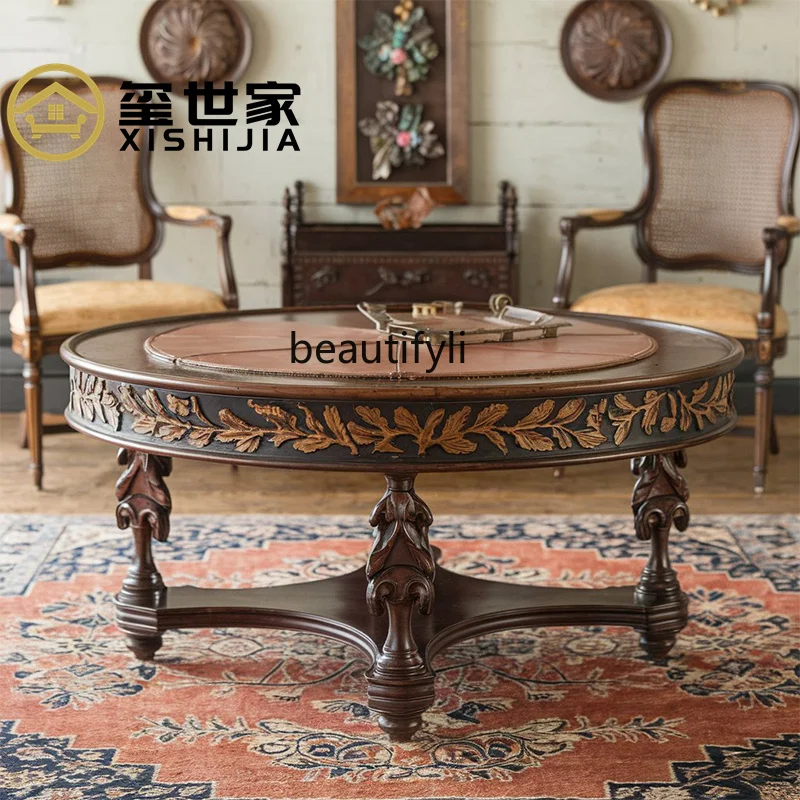 

American Retro Solid Wood Carved Tea Table High-end French Antique Living Room Round Low Tea Table