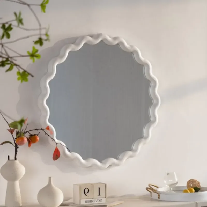 White scalloped round mirror with wavy frame for living room bedroom bathroom wall decoration