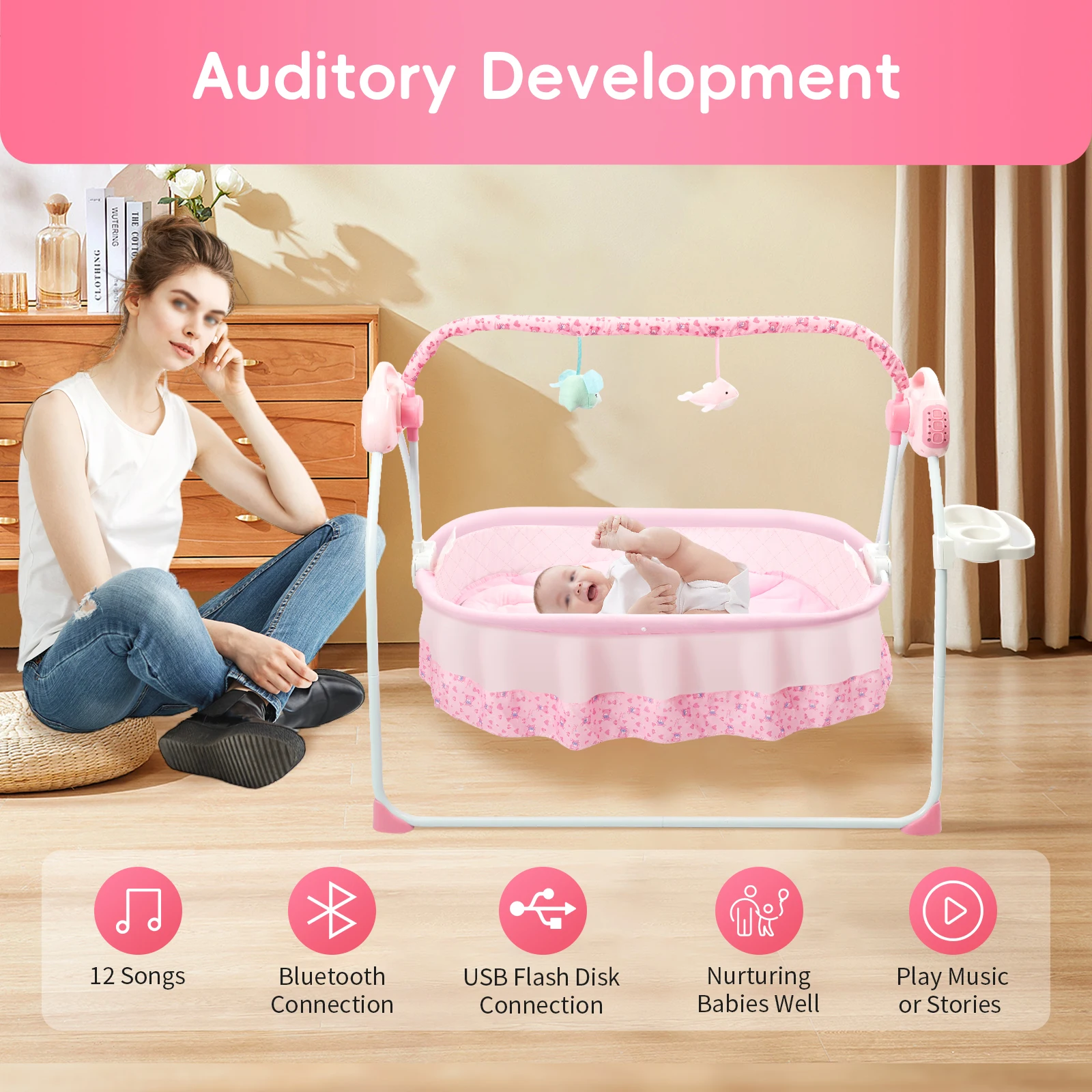 Pink Electric Baby Cradle Swing, Infant Rocking Chair Bed Foldable Bluetooth Baby Crib Cradle with Remote Control & Music