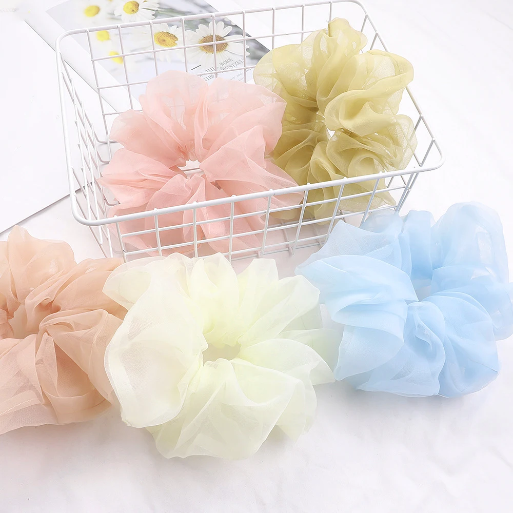 1 Stück Übergroßer Netz-Haargummi mit Blütenknospe und Glänzendem Organza-Haargummi für Damen – Detail 3