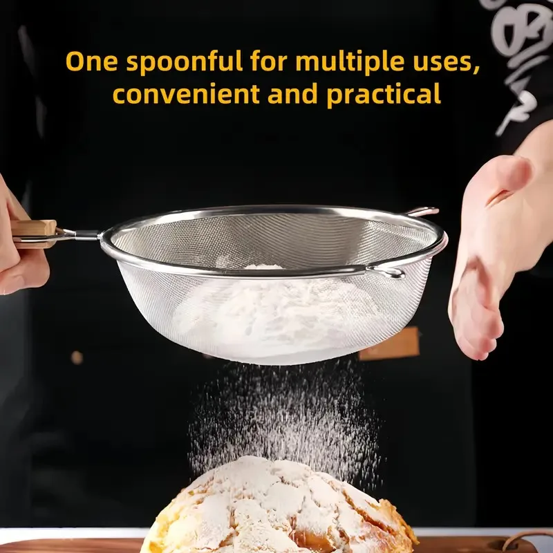 Double Ear Strainer, Long Handle for Noodles & Soup. 30x17cm, Stainless Steel, Heat Resistant