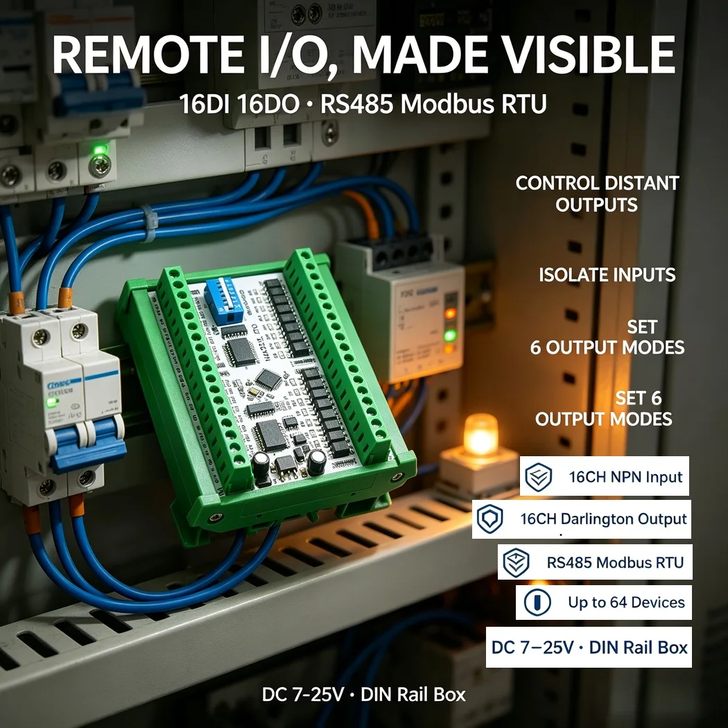 RS485 Modbus RTU IO Module 16CH Opto-isolated NPN Input 16CH ULN2803 Darlington Output DC7-25V Remote Two-way Control