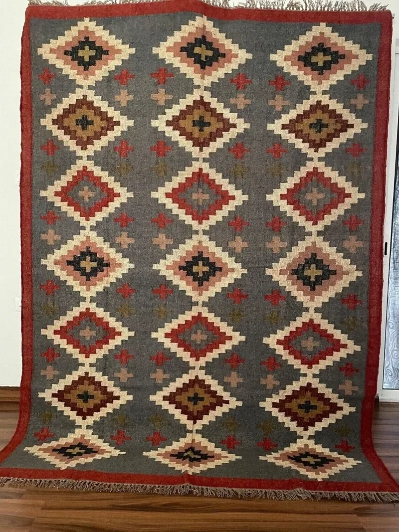 

Rug Wool Jute Runner Vintage Kilim Accent Rug Geometric Handwoven Boho Area Rugs