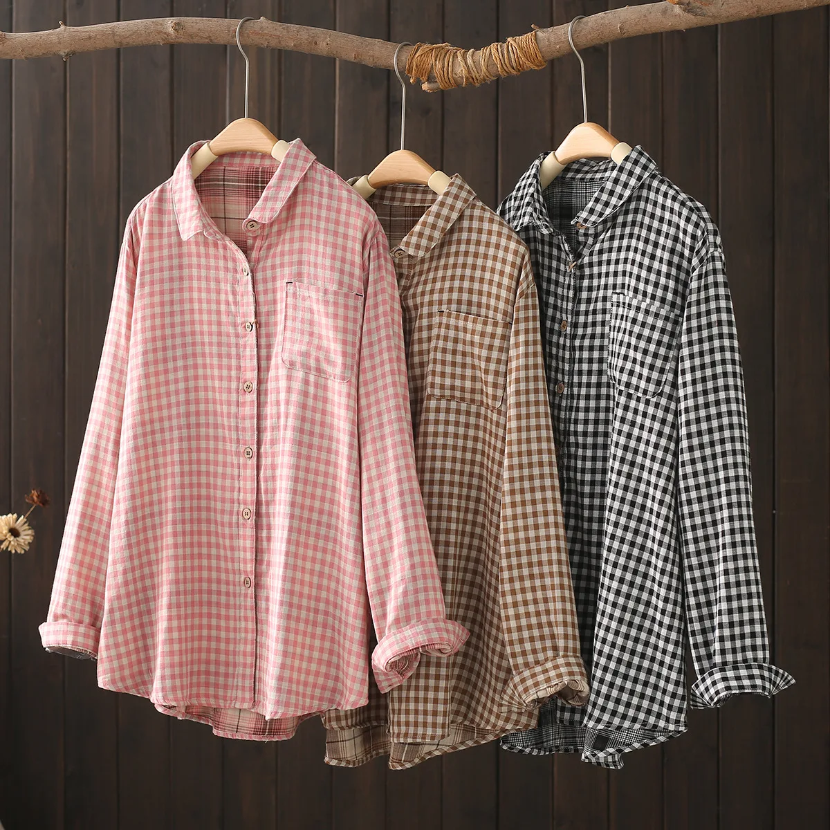 

Autumn large size tops for women autumn Japanese style cotton yarn pink coffee black check shirts long sleeve blouses