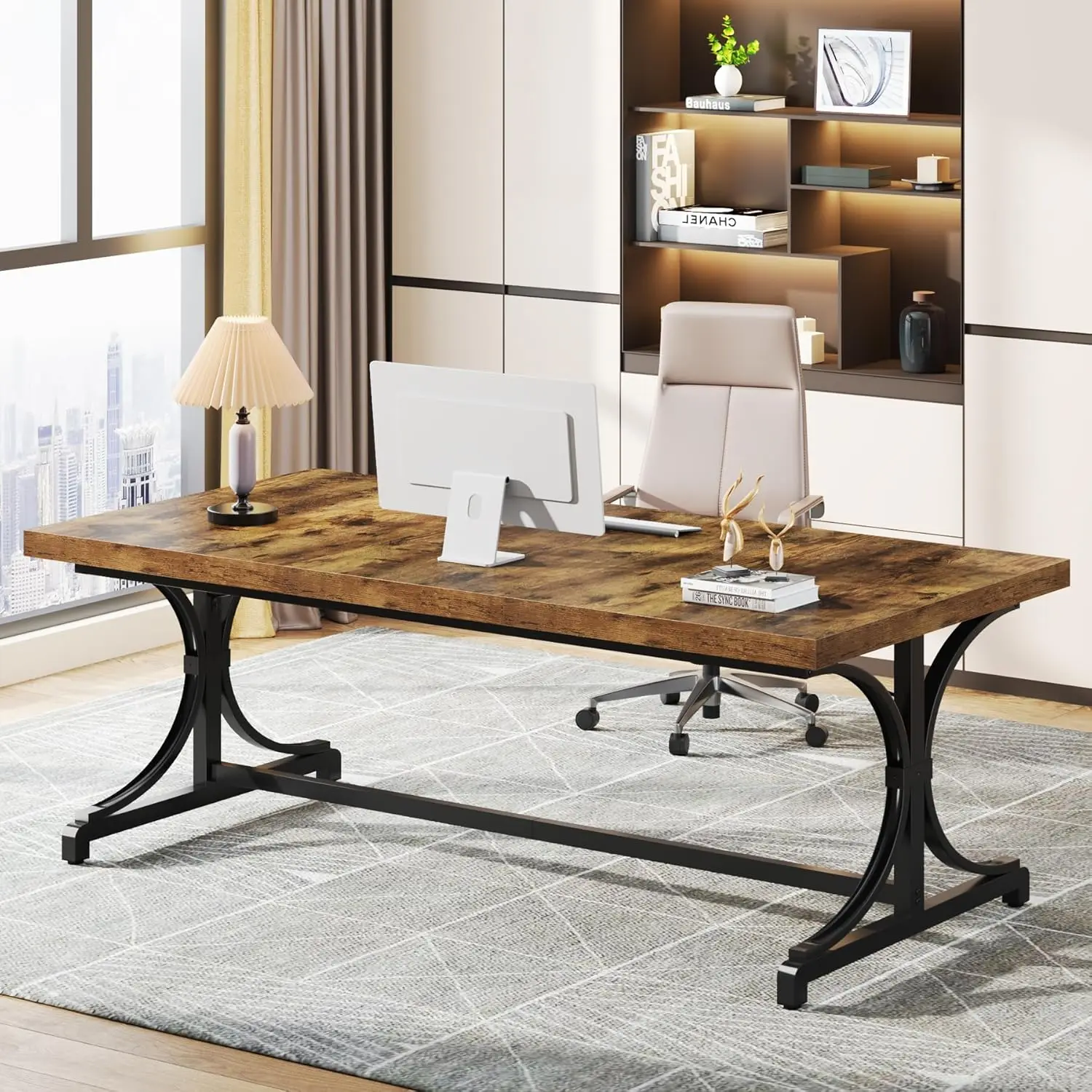 

Rectangle Office Computer Desk with Thick Wooden Tabletop and Metal Frame, Study Writing Table Workstation for Home Office