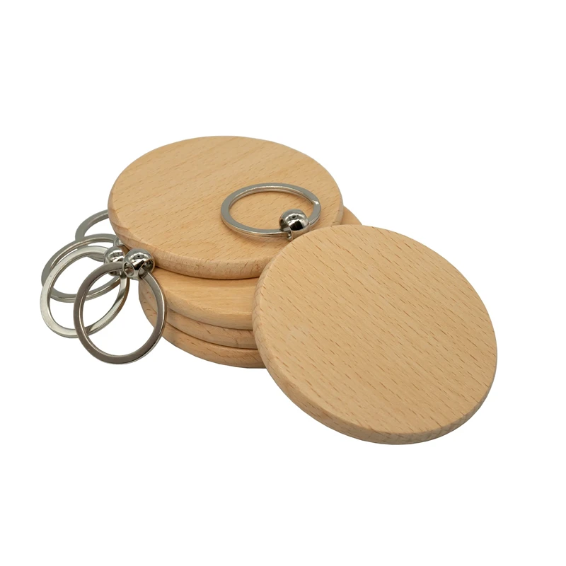 50Pcs Blank Round Key Tag Handmade Wooden Keychain Beech Wooden Blank Key Chain Tags DIY Wood Key Ring Supplies For Craft