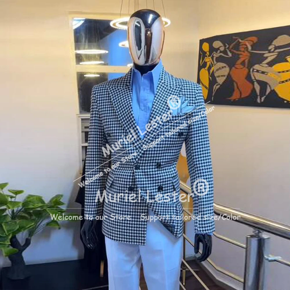 

Elegant Suits Men 2 Piece Sets Houndstooth Jacket Pants Customized Double Breasted Man Business Blazer Terno Masculinos Completo