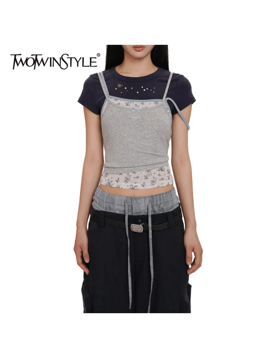

TWOTWINSTYLE Hit Color Slimming Spliced Ruffles T Shirts For Women Lapel Short Sleeve High Waist Temperament T Shirt Female New