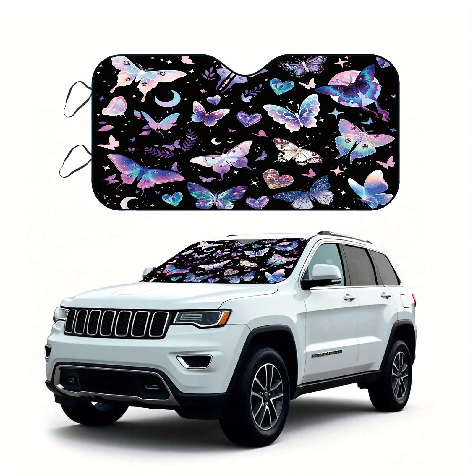 

1pc Magical Pastel Butterflies & Stars Car Sunshade - UV Protection & Heat Dissipation, Foldable Fit Sun Shield with Easy Instal