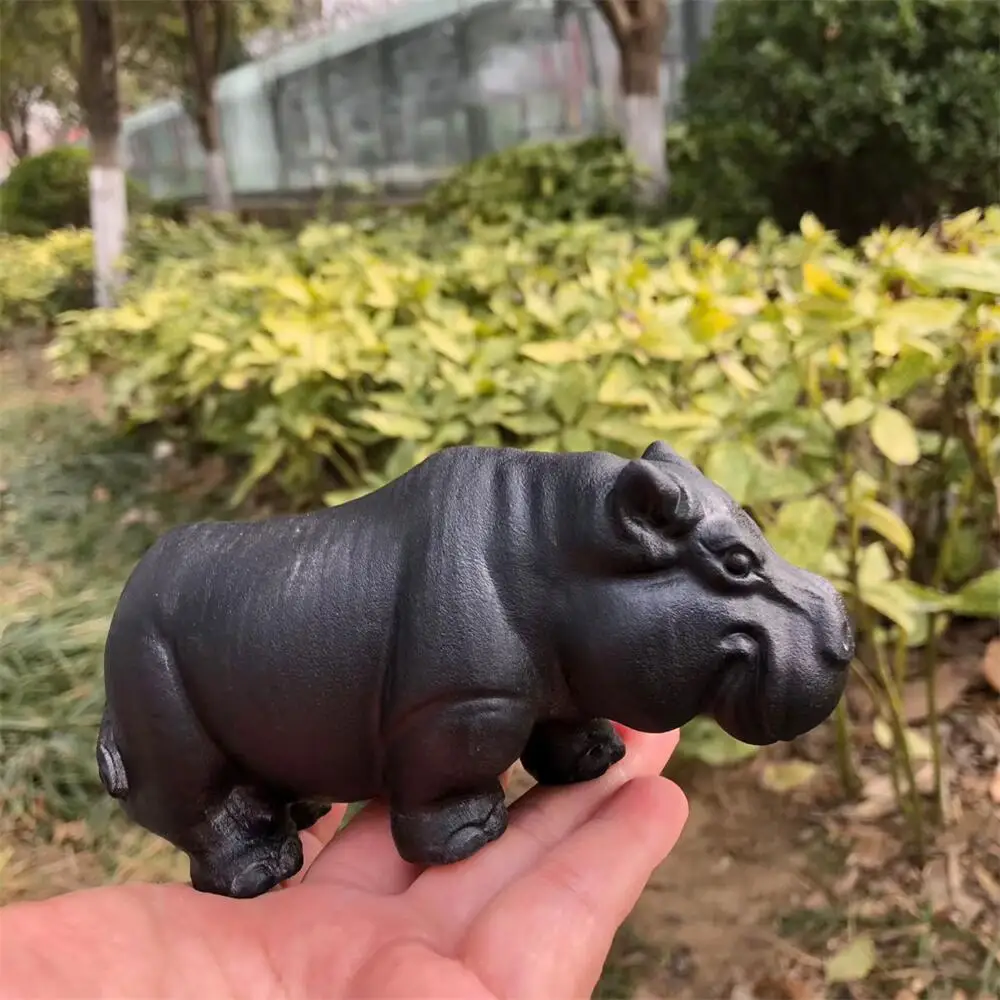 Natural Black Obsidian Hippo Crystal Quartz Carving Healing Polished Mineral Home Decoration Ornament