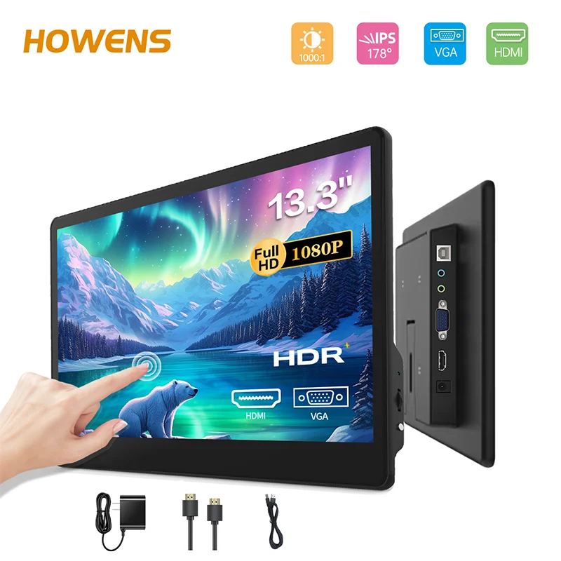 Écran tactile FHD 13,3/14/15,6 pouces IPS 1080P HDMI VGA VESA75, écran portable pour ordinateur portable POS industriel, écran secondaire, CCTV