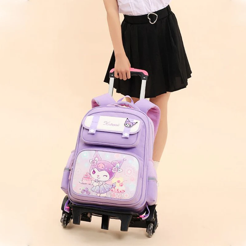 Sanrios-mochila escolar con ruedas para niños, figura de Anime Kuromi Kawaii, dibujos animados de gran capacidad, resistente al agua, súper ligera y transpirable