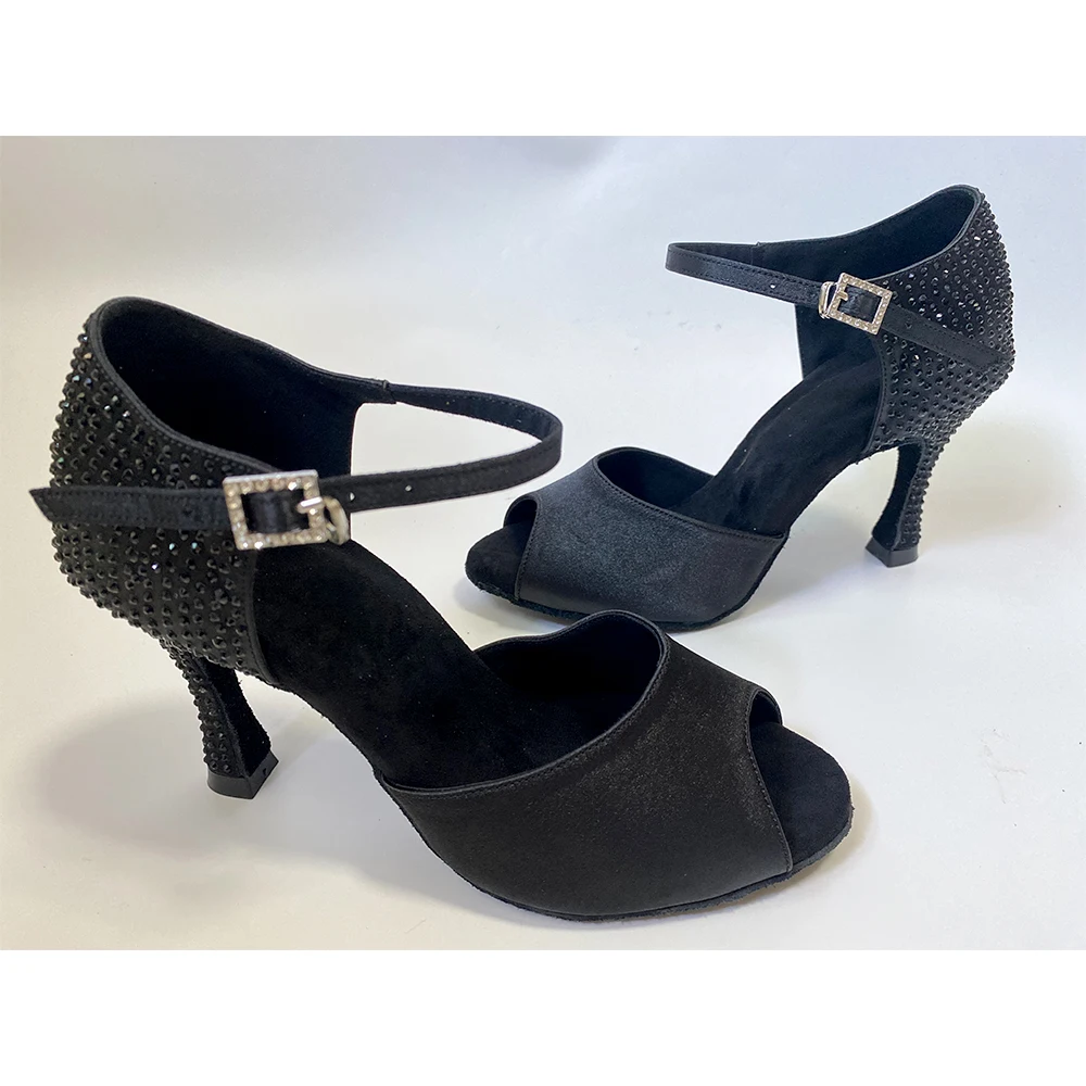 Salsa Latin Dance Shoes 2024 Sexy Black Satin Black Rhinestones Customized Heels 9cm 8cm 10cm 7cm 6cm Dance Sandles